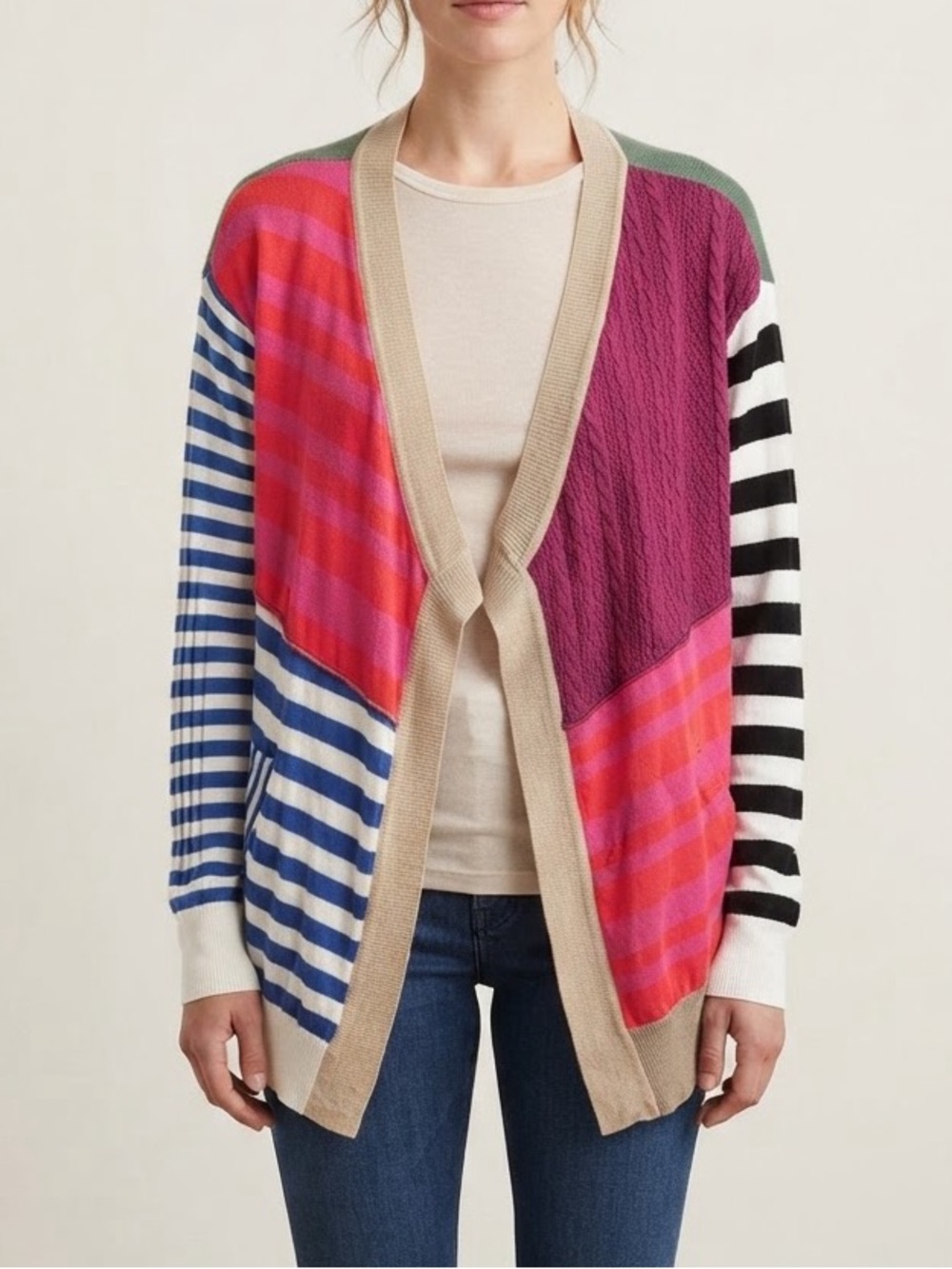 Desigual Sz L Cotton Blend Colorful Knit Open Front Cardigan Sweater